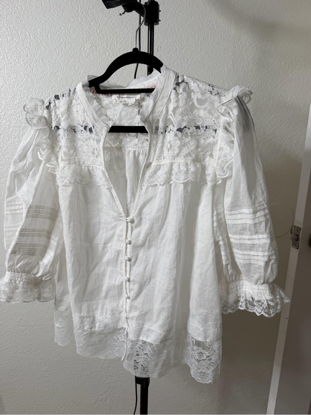 Anthropologie Cream Lace-Trim Puff Sleeve Blouse - Picture 7 of 12